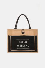 Fame Hello Weekend Burlap Tote Bag