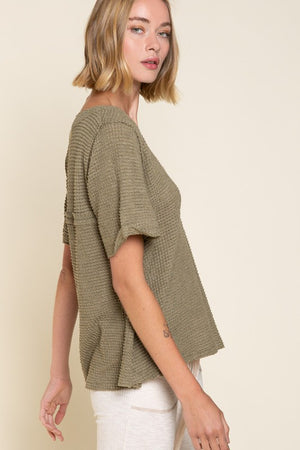 Half Sleeve V neck Waffle Knit Top