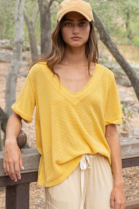 Half Sleeve V neck Waffle Knit Top