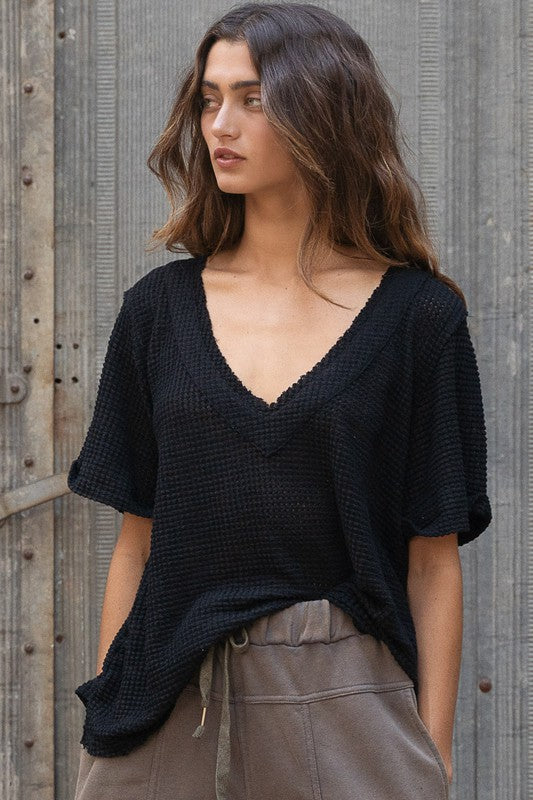 Half Sleeve V neck Waffle Knit Top