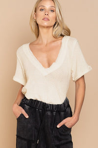 Half Sleeve V neck Waffle Knit Top