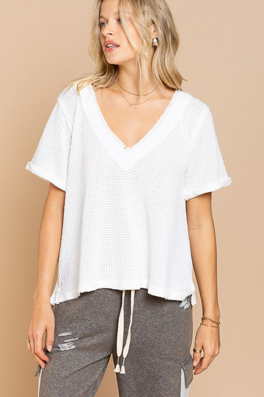 Half Sleeve V neck Waffle Knit Top