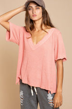 Half Sleeve V neck Waffle Knit Top