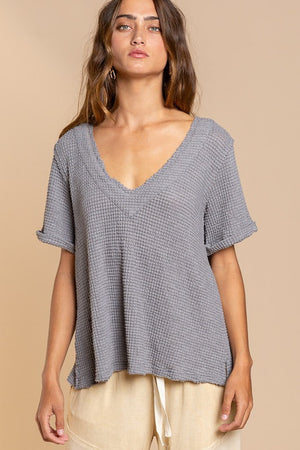 Half Sleeve V neck Waffle Knit Top