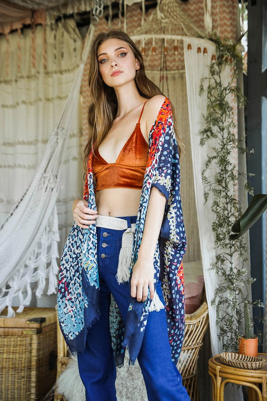 Vibrant Multicolor Frayed Edge Kimono w/ Armholes