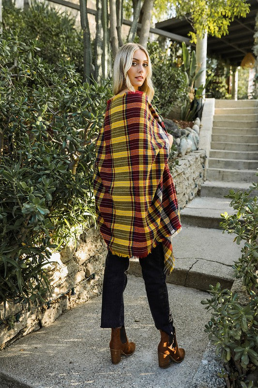 Tartan Check Pocket Frayed Edge Ruana Wrap