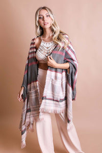 Tartan Check Pocket Frayed Edge Ruana Wrap