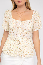 S/S BUTTON DOWN BACK SMOCKING DITSY PRINT TOP