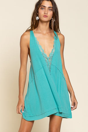 Sleeveless Deep V neck Dress with Lace on Front