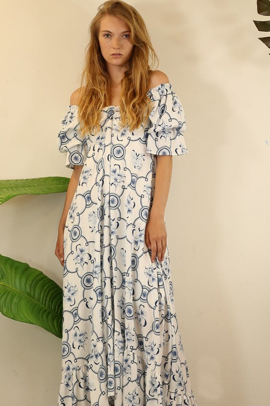 FLOWER OFF SHOULDER MAXI DRESS