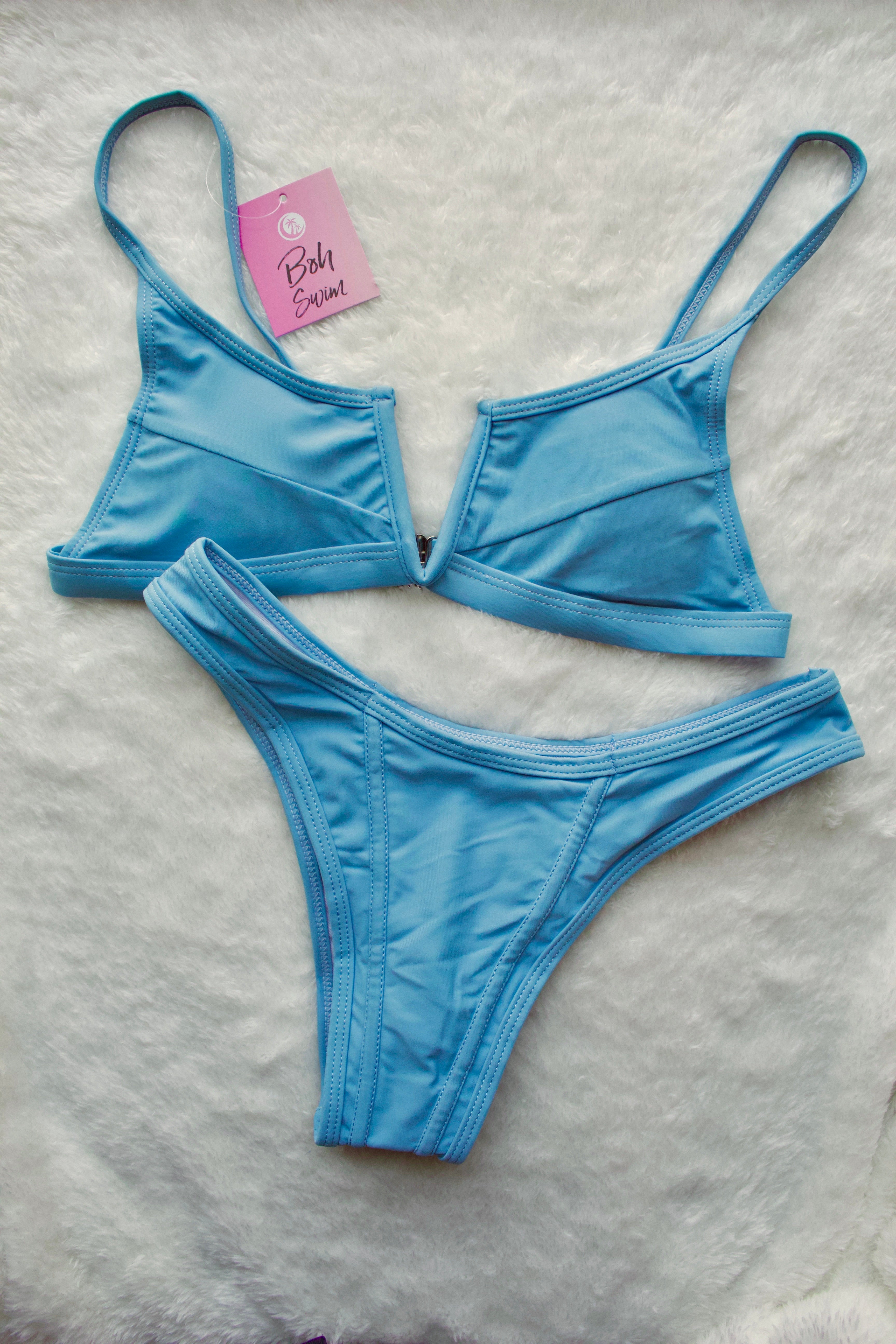 Baby Blue Plunging Neckline Bikini Set