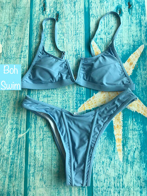 Baby Blue Plunging Neckline Bikini Set